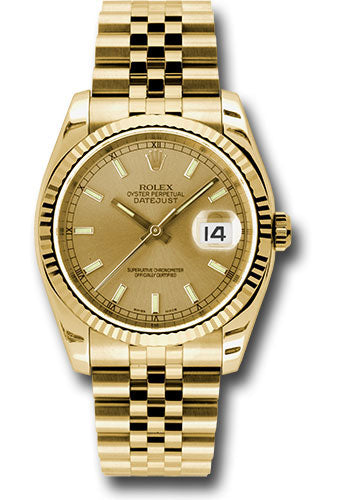 Rolex Yellow Gold Datejust 36 Watch Fluted Bezel Champagne Index D