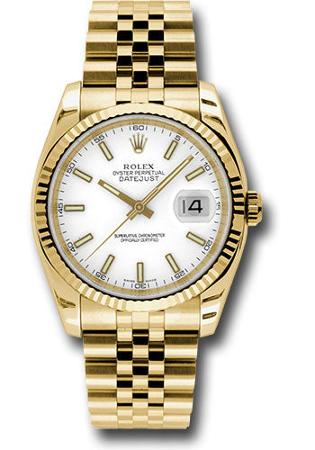 Rolex Yellow Gold Datejust 36 Watch Fluted Bezel White Index Dial
