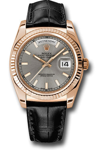 Rolex day date discount rose gold leather strap