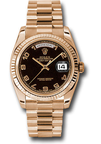 Rolex Pink Gold Day-Date 36 Watch Fluted Bezel Black Arabic Dial