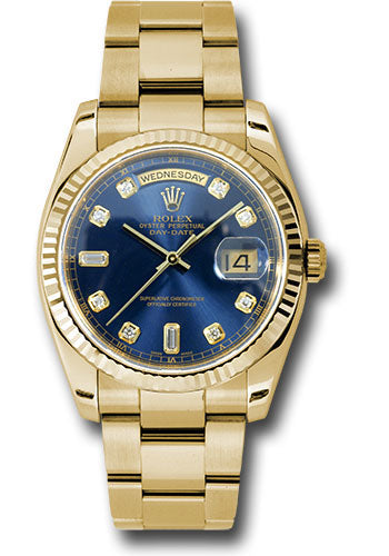 Rolex Yellow Gold Day-Date 36 Watch Fluted Bezel Blue Diamond Dial