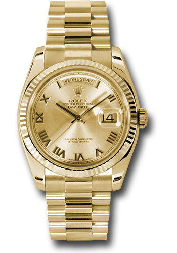 Rolex Yellow Gold Day-Date 36 Watch Fluted Bezel Champagne Roman D
