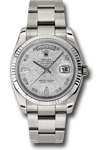 Rolex White Gold Day-Date 36 Watch Fluted Bezel Meteorite Diamond