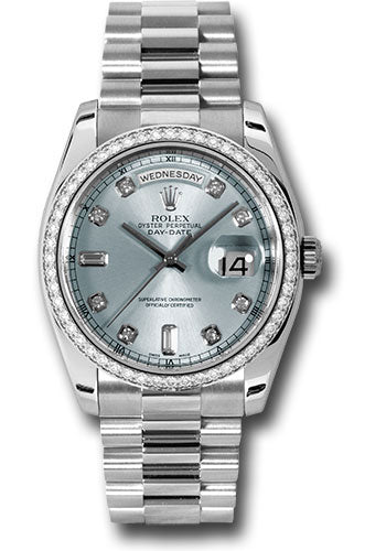 Rolex Platinum Day Date 36 Watch Bezel Glacier Blue Diamond Dial