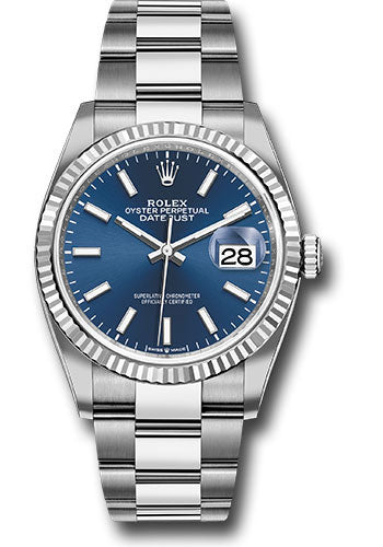 Rolex Steel Datejust 36 Watch Fluted Bezel Blue Index Dial Oyste
