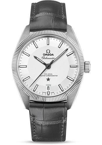 Omega Constellation Globemaster Co-Axial Master Chronometer Watch - 39 mm Steel Case - Fluted Bezel - Silver Dial - Grey Leather Strap - 130.33.39.21.02.001