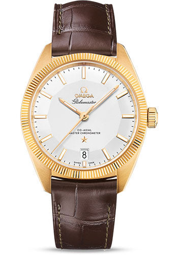 Omega Constellation Globemaster Co-Axial Master Chronometer Watch - 39 mm Yellow Gold Case - Fluted Bezel - Silvery Dial - Brown Leather Strap - 130.53.39.21.02.002