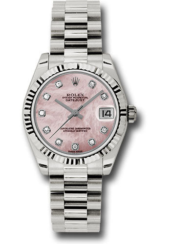 Rolex White Gold Datejust 31 Watch Fluted Bezel Pink Mother-Of-Pea