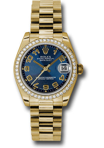 Rolex Yellow Gold Datejust 31 Watch 48 Diamond Bezel Blue Concentr
