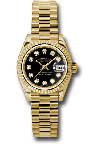 Rolex Yellow Gold Lady-Datejust 26 Watch Fluted Bezel Black Diamon