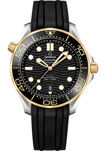 Omega Seamaster Diver 300M Co-Axial Master Chronometer Watch - 42 mm Steel And Yellow Gold Case - Unidirectional Bezel - Black Ceramic Dial - Black Rubber Strap - 210.22.42.20.01.001