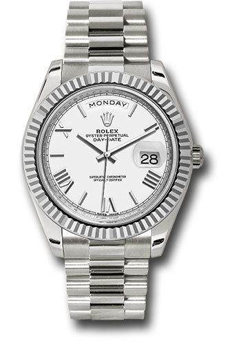 Rolex White Gold Day Date 40 Watch Fluted Bezel White Bevelled Rom