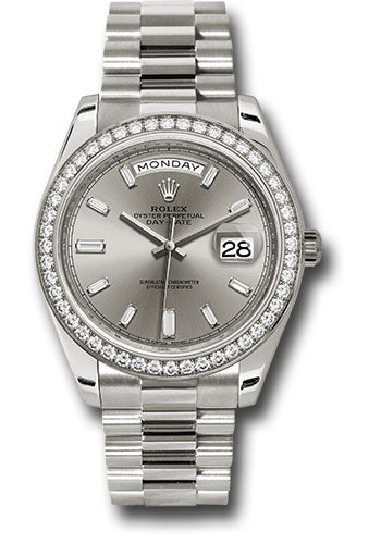 Rolex White Gold Day-Date 40 Watch White Gold Bezel Silver Baguett