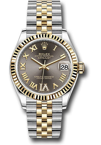 Rolex Steel and Yellow Gold Datejust 31 Watch Fluted Bezel Dark Gr