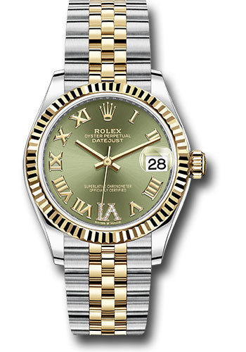 Rolex Steel and Yellow Gold Datejust 31 Watch Fluted Bezel Olive G