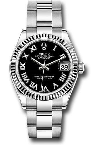 Rolex Steel and White Gold Datejust 31 Watch Fluted Bezel Black Ro