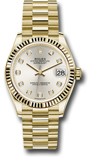 Rolex Yellow Gold Datejust 31 Watch Fluted Bezel Silver Diamond Di