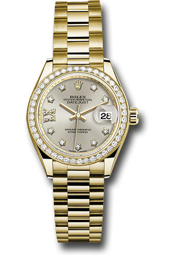 Rolex Yellow Gold 28 Watch - 44 Diamond Bezel - Silver