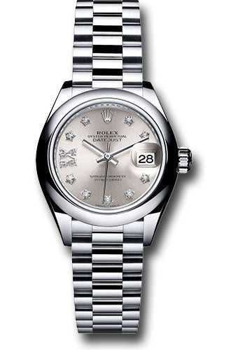 Rolex Platinum Lady-Datejust 28 Watch Domed Bezel Silver Diamond S