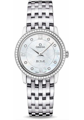 Omega De Ville Prestige Quartz Watch - 27.4 mm Steel Case - Diamond Bezel - Mother-Of-Pearl Diamond Dial - 424.15.27.60.55.001