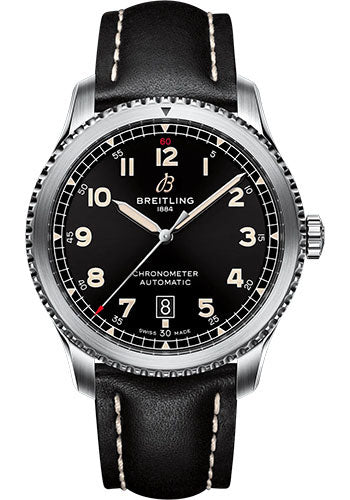 Breitling Aviator 8 Automatic 41 Watch - Stainless Steel - Black Dial - Black Calfskin Leather Strap - Folding Buckle - A17315101B1X2