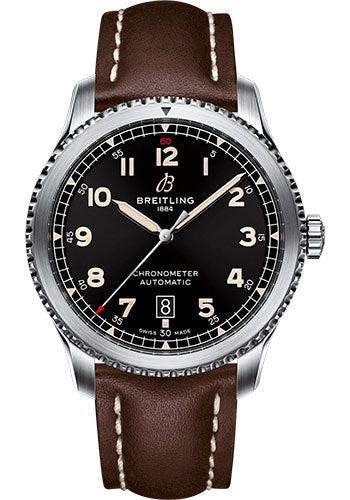Breitling Aviator 8 Automatic 41 Watch - Stainless Steel - Black Dial - Brown Calfskin Leather Strap - Folding Buckle - A17315101B1X4