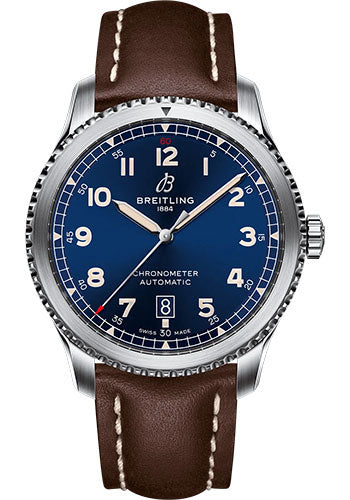 Breitling Aviator 8 Automatic 41 Watch - Stainless Steel - Blue Dial - Brown Calfskin Leather Strap - Tang Buckle - A17315101C1X1