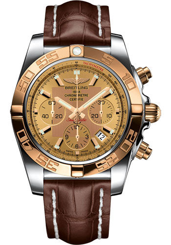Breitling Chronomat 44 Watch - Steel & Gold - Golden Sun Dial - Brown Croco Strap - Tang Buckle - CB011012/H548/739P/A20BA.1