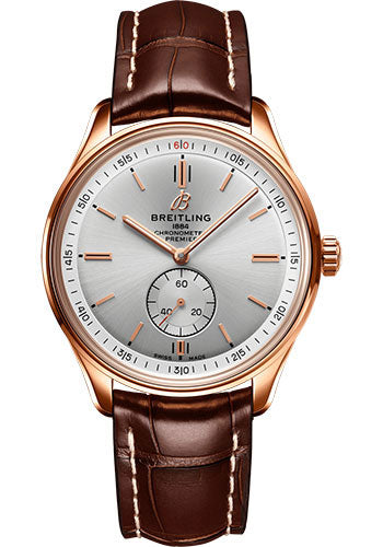 Breitling Premier Automatic 40 Watch - 18k Red Gold - Silver Dial - Brown Alligator Strap - Tang Buckle - R37340351G1P1