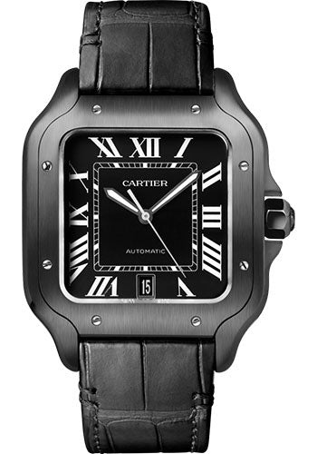Cartier Santos de Cartier Watch - 39.8 mm Steel And Adlc Case - Black Dial - Both Bracelet - Rubber Strap - WSSA0039