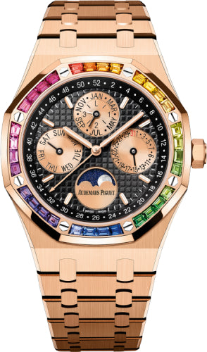 Audemars Piguet Royal Oak Pink Rose Gold Perpetual Calendar Rainbow Sapphires Bezel 26614OR.YY.1220OR.01