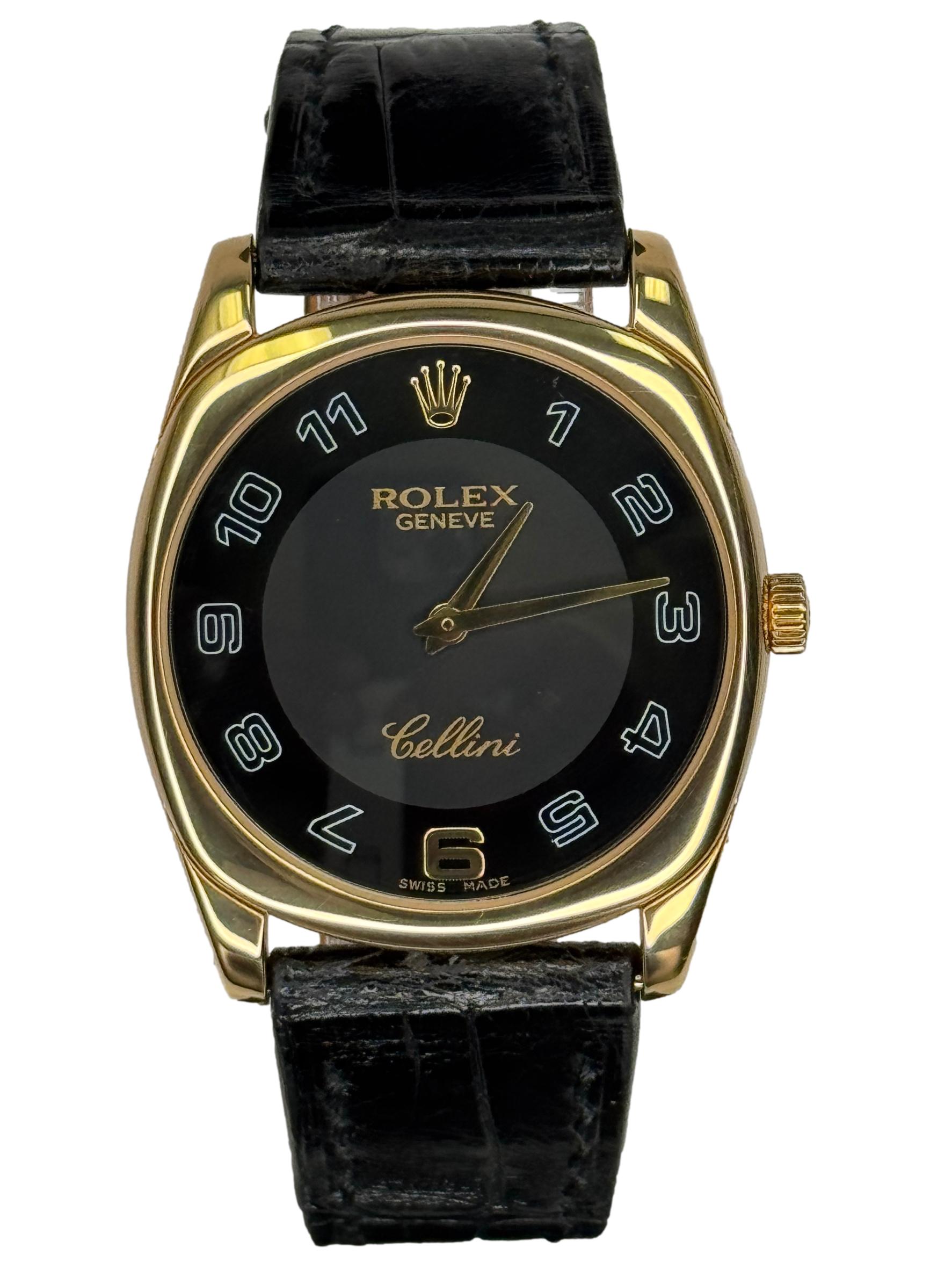 Rolex Cellini White Rose 33mm 18k Gold Black Dial Mens Watch 4233