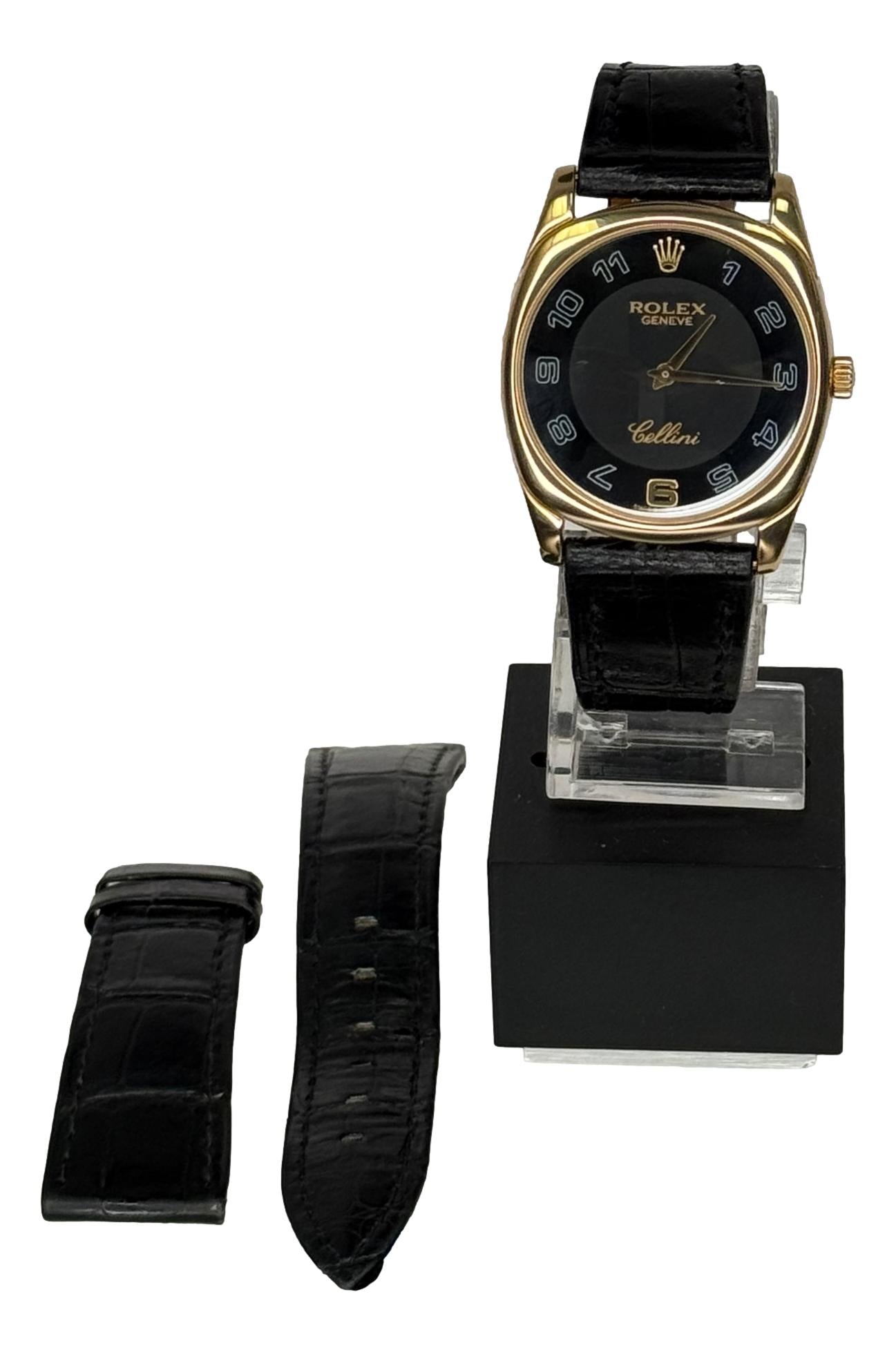 Rolex Cellini White Rose 33mm 18k Gold Black Dial Mens Watch 4233