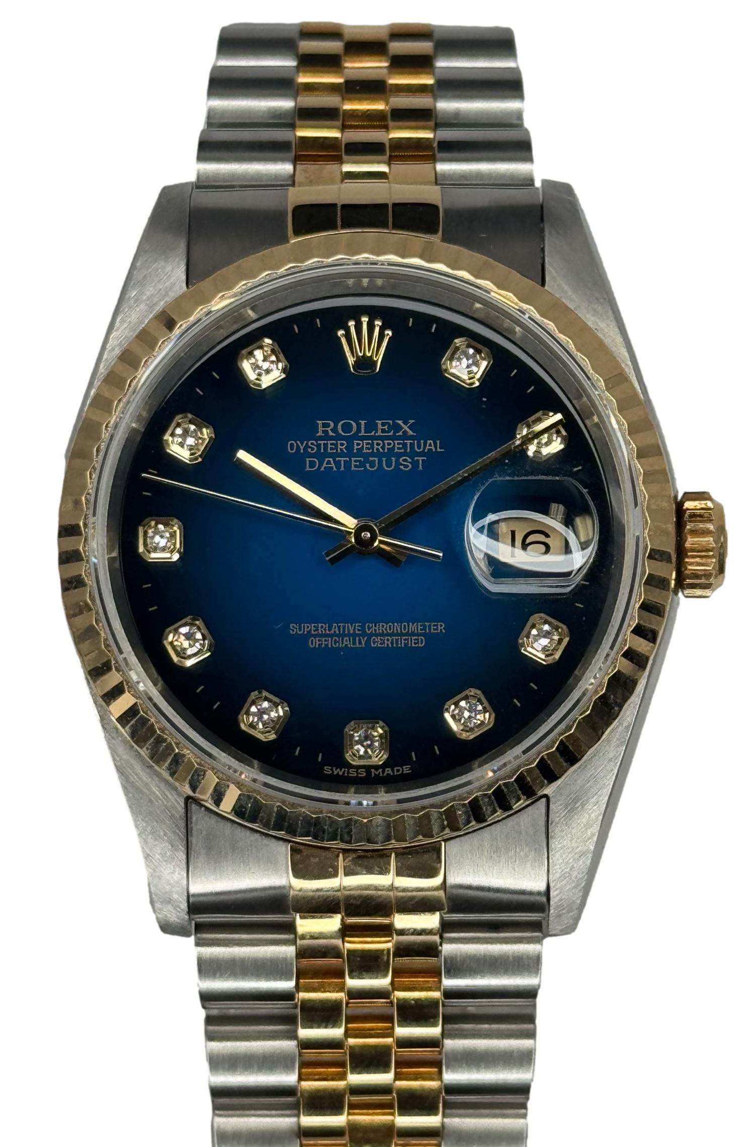 Rolex Datejust 16233 Factory Blue Vignette Serti 18k yellow gold fluted bezel B&P 1999 Watch