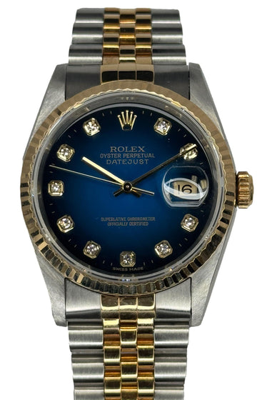 Rolex Datejust 16233 Factory Blue Vignette Serti 18k yellow gold fluted bezel B&P 1999 Watch