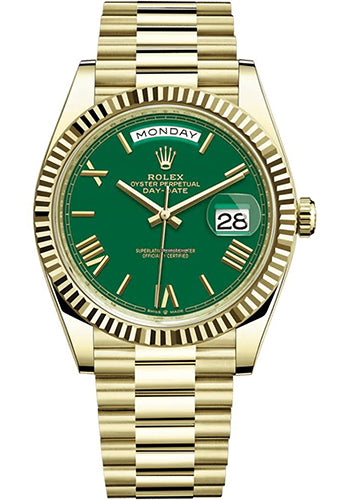 Rolex Yellow Gold Oyster Perpetual Day-Date 40 - Fluted Bezel - Green with Roman Numeral Dial - President Bracelet - 228238-0061