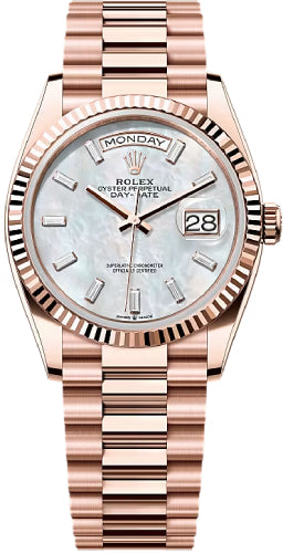 Rolex Day-Date 36 36mm White MOP Diamond-Set Dial Fluted Bezel President Bracelet - 128235 | 2024 Model