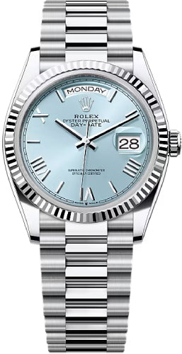 Rolex Day-Date 36 36mm Ice-Blue Dial Fluted Bezel President Bracelet - 128236