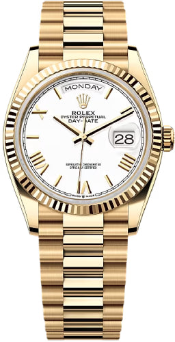 Rolex Day-Date 36 36mm White Dial Fluted Bezel President Bracelet - 128238 | 2024 Model