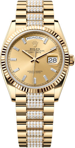 Rolex Day-Date 36 36mm Champagne Diamond-Set Dial Fluted Bezel with Diamond-Set President Bracelet - 128238 | 2024 Model