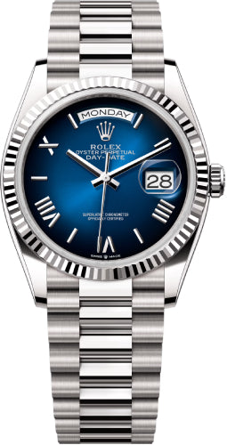 Rolex Day-Date 36 36mm Blue Ombré Roman Dial Fluted Bezel President Bracelet - 128239 | 2024 Model