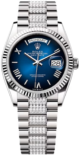 Rolex Day-Date 36 36mm Blue Ombré Dial Fluted Bezel with Diamond-Set President Bracelet - 128239