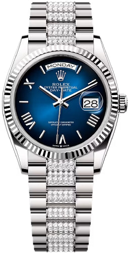 Rolex Day-Date 36 36mm Blue Ombré Dial Fluted Bezel with Diamond-Set President Bracelet - 128239 | 2024 Model