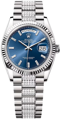 Rolex Day-Date 36 36mm Bright Blue Diamond-Set Dial Fluted Bezel with Diamond-Set President Bracelet - 128239