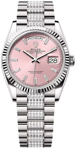 Rolex Day-Date 36 36mm Pink Diamond-Set Dial Fluted Bezel with Diamond-Set President Bracelet - 128239