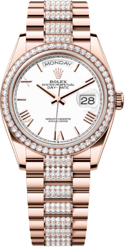 Rolex Day-Date 36 36mm White Roman Dial Diamond-Set Bezel with Diamond-Set President Bracelet - 128345RBR | 2024 Model