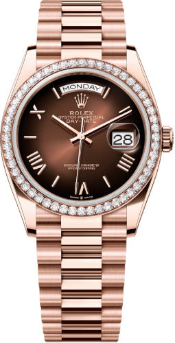 Rolex Day-Date 36 36mm Brown Ombré Dial Diamond Bezel President Bracelet - 128345RBR | 2024 Model