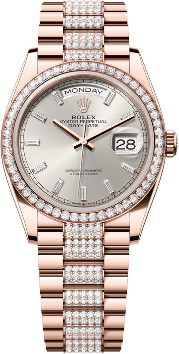 Rolex Day-Date 36 36mm Silver Diamond-Set Dial Diamond-Set Bezel with Diamond-Set President Bracelet - 128345RBR | 2024 Model