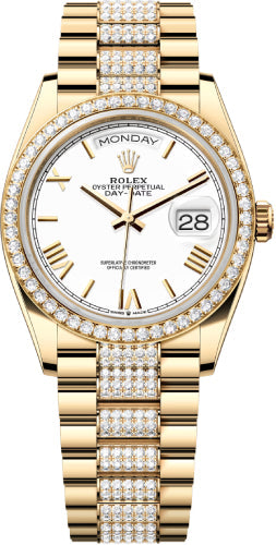 Rolex Day-Date 36 36mm White Roman Dial Diamond-Set Bezel with Diamond-Set President Bracelet - 128348RBR | 2024 Model