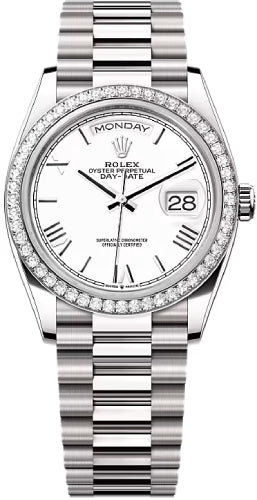 Rolex Day-Date 36 36mm White Dial Diamond-Set Bezel President Bracelet - 128349RBR